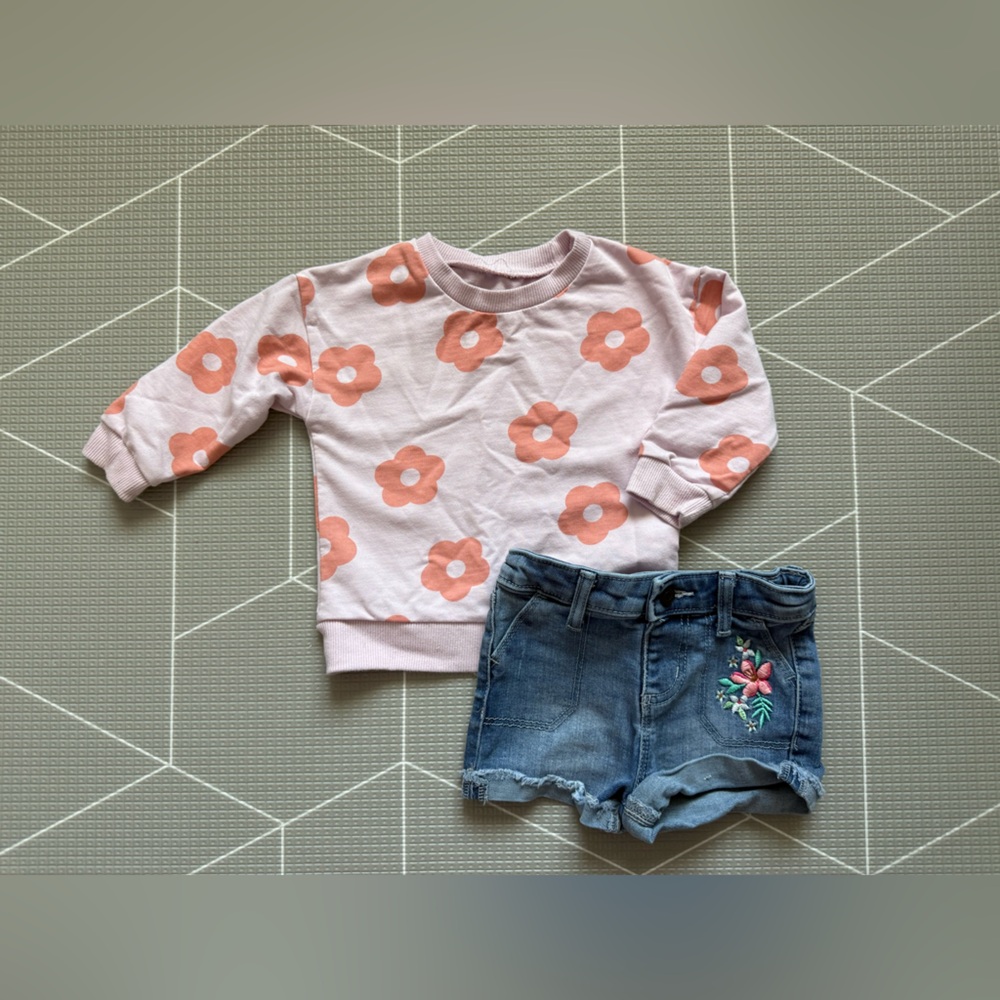 Jumping beans|Baby girl/toddler denim shorts w floral embroidery & boho sweater•